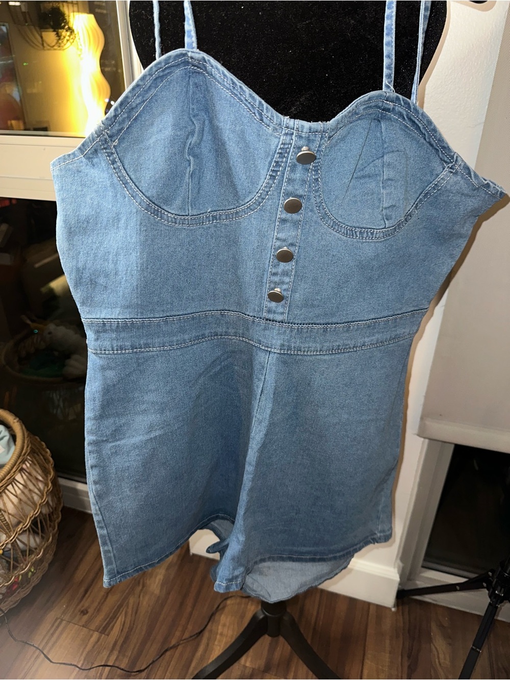 SHEIN Light Blue Denim Bustier Romper with Button Front
